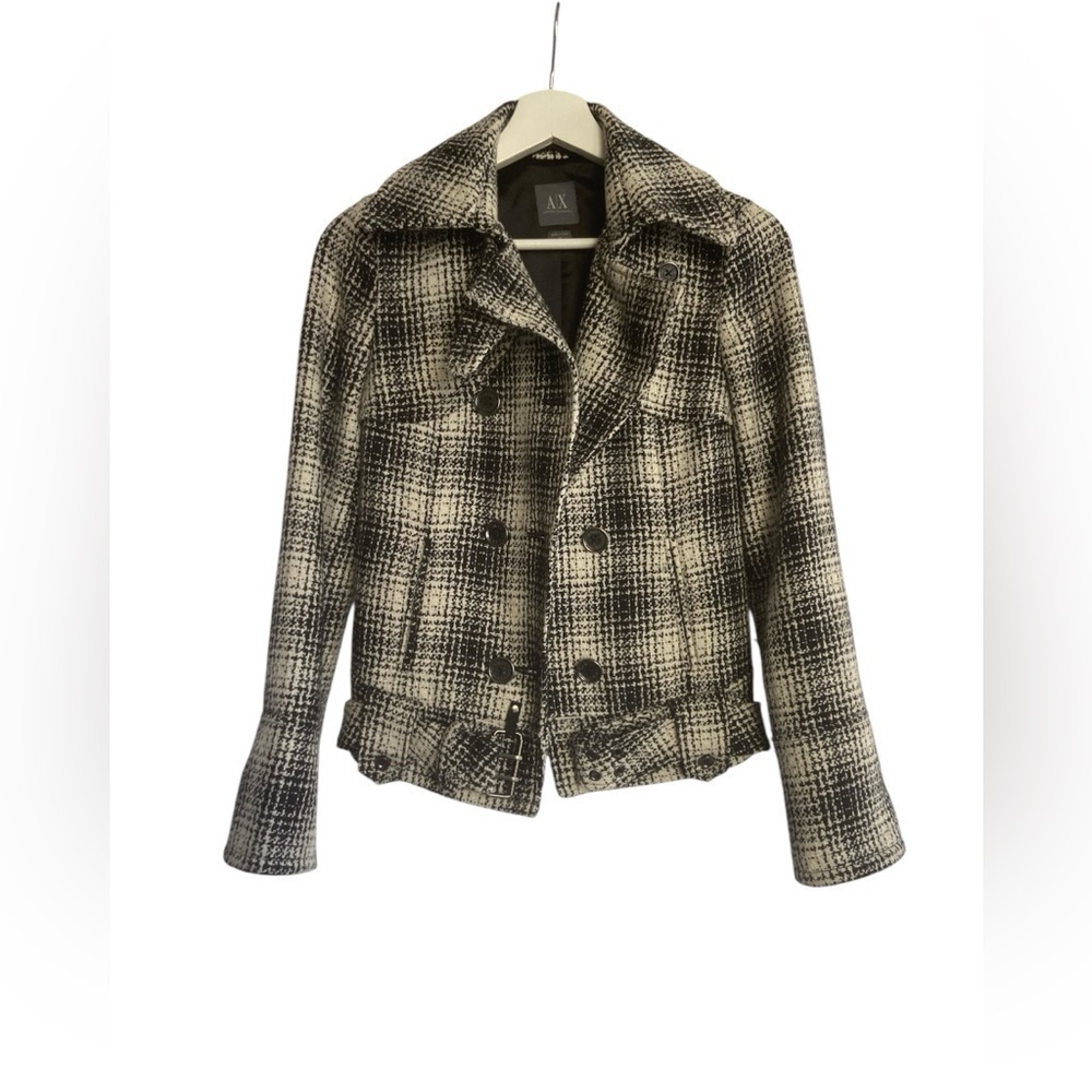 Georgio Armani Exchange Double Breasted Plaid Tweed Pea Coat Jacket size XS